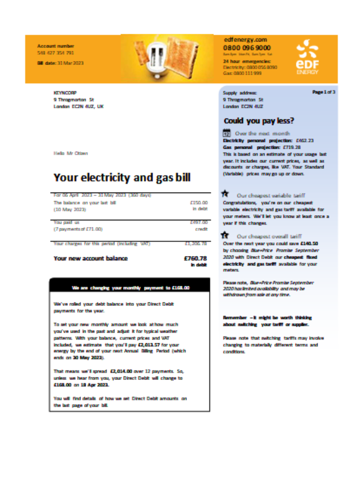 EDF (UK) utility business bill SCR page 1 PSD template